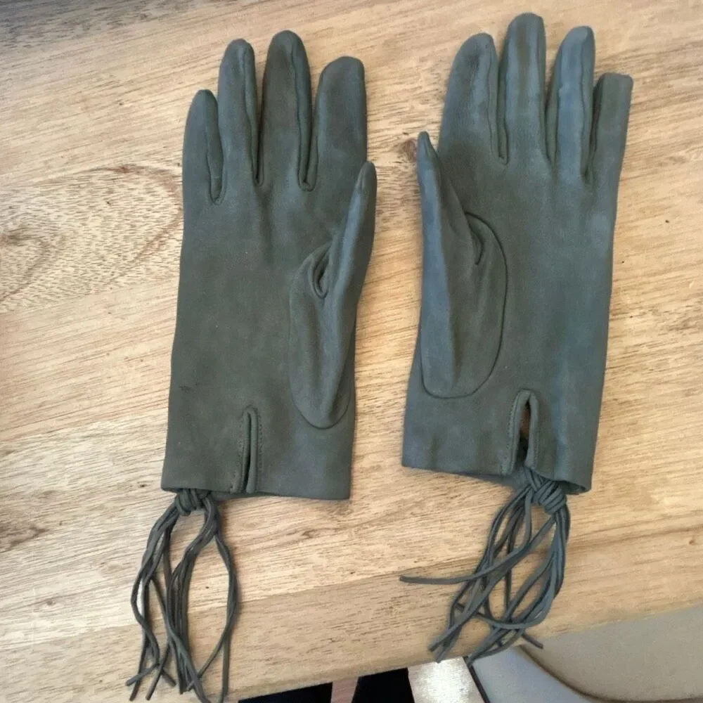 Hermes vintage lambskin suede gray width stitching gloves winter S